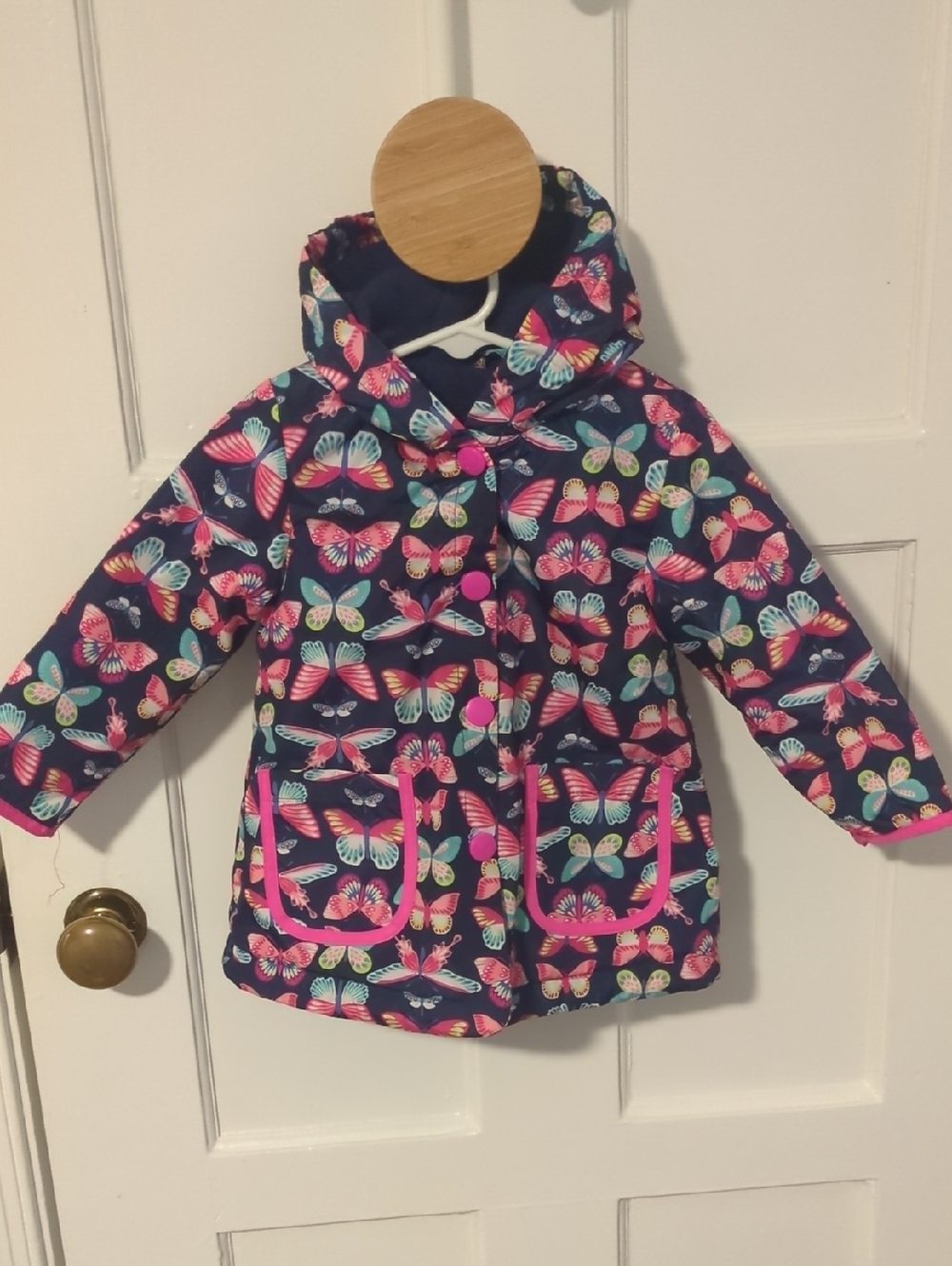 Girls Navy Butterfly Hooded Raincoat with Pink Trim